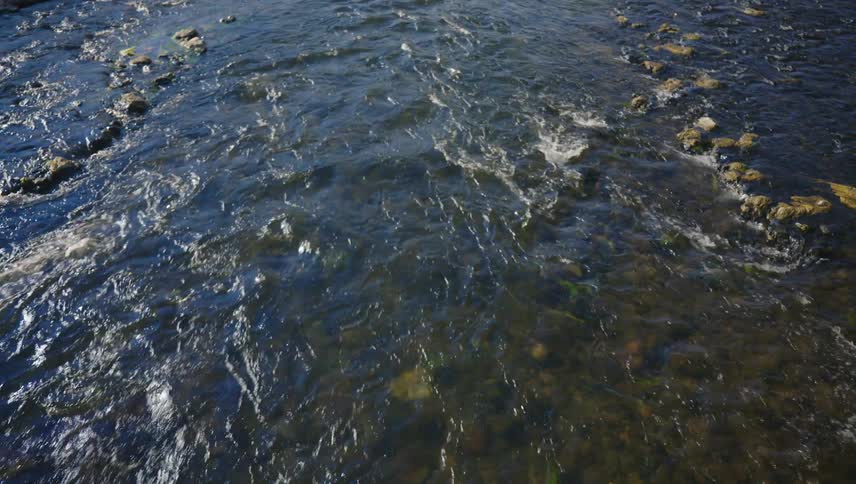 A flowing river with visible currents and scattered rocks breaking the surface of the water