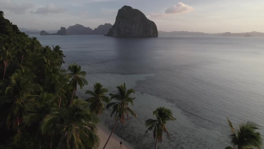 A tropical beach with calm sea and palm trees and in the background there are large rock formations in the middle of the sea