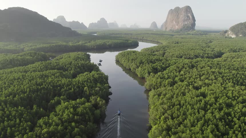 An aerial view pans with a boat traveling down a river in thailands phang nga bay showcasing lush vegetation and distant limestone karsts