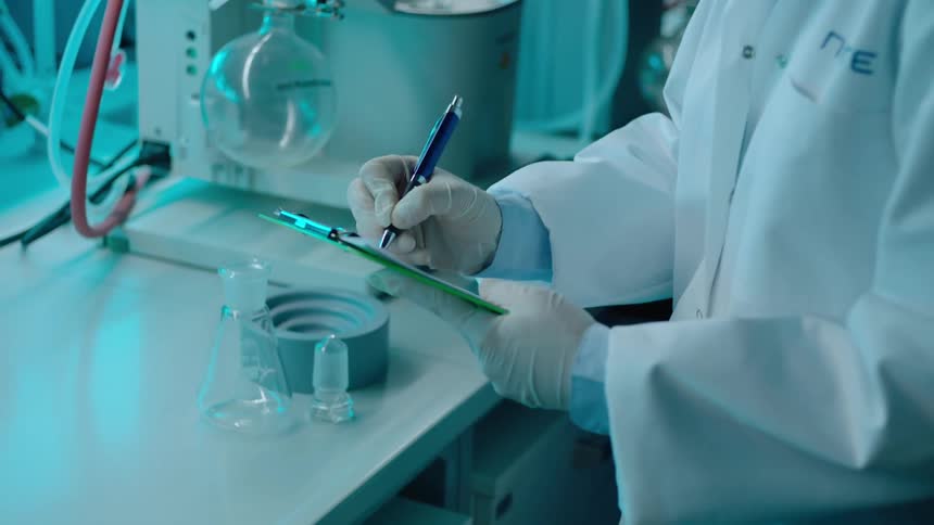 Woman taking a clipboard and making a note while in a lab