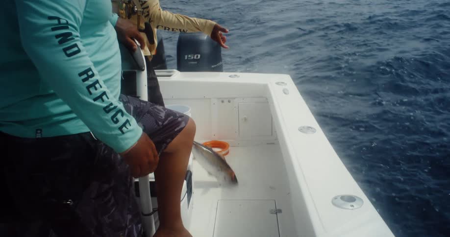 Son pulls a hooked fish onto the boat his father is steering on an overcast day