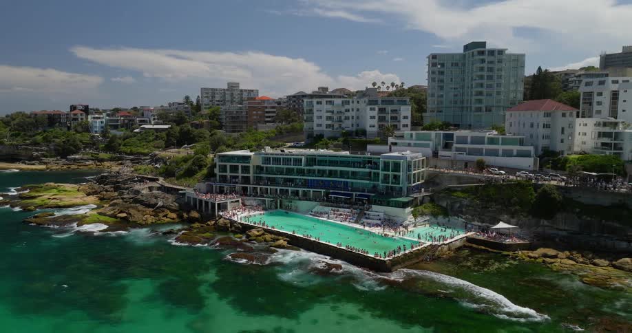 An aerial view of bondi icebergs a famous oceanfront pool in sydney australia with swimmers enjoying a sunny day