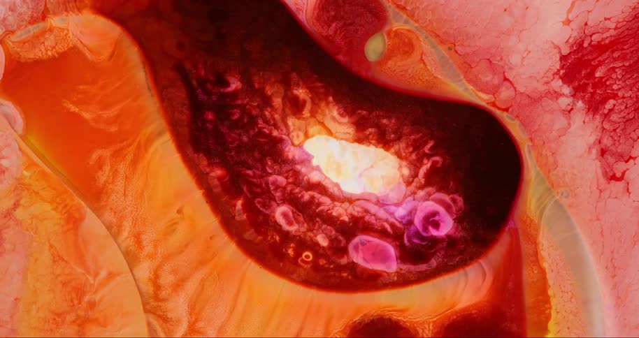 An abstract painting shows swirling patterns in shades of orange red and white