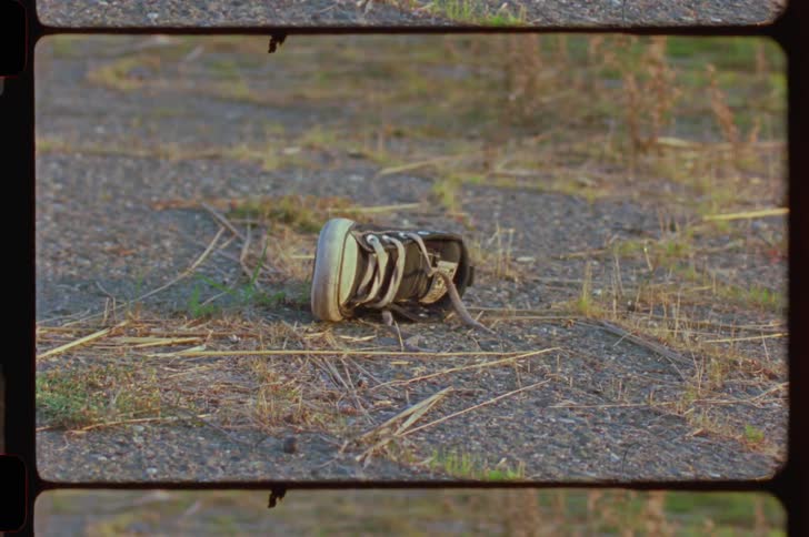 A lone tennis shoe laying on the asphalt surrounded by dry grass