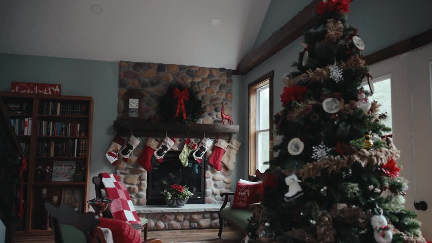 Sunlight shines into a living room decorated for christmas