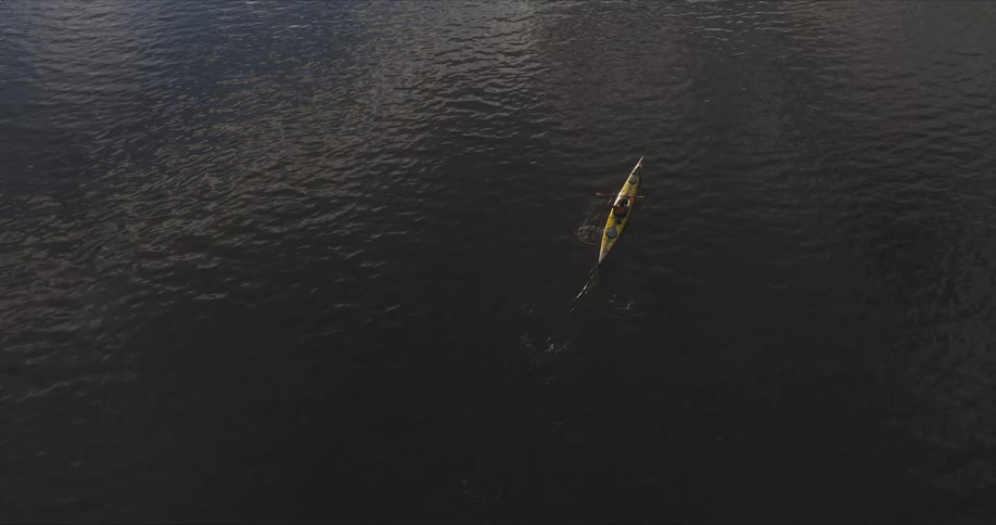 Aerial view of a person canoeing on a calm river