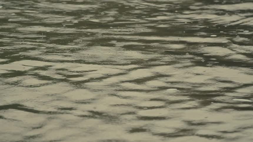 Falling rain drops cause small ripples in flowing water during the day