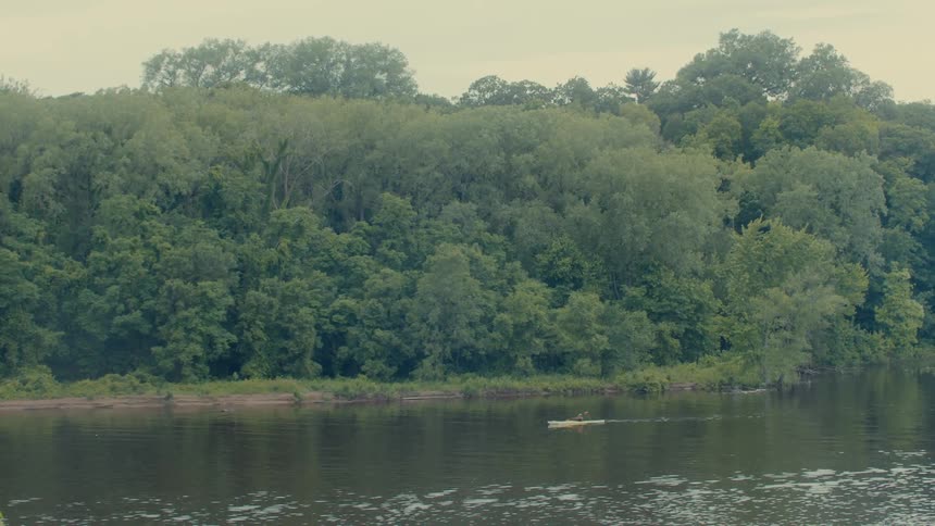 A lone kayaker paddles across a calm river surrounded by lush green trees