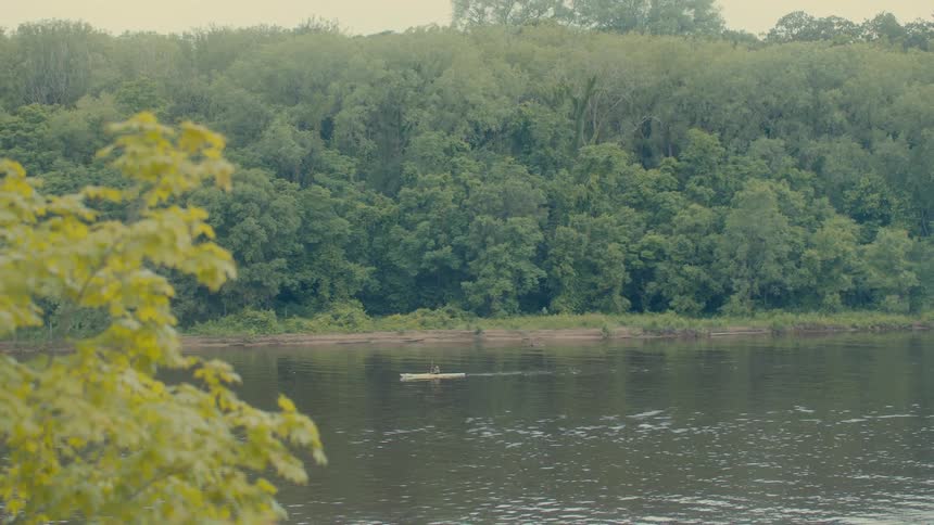 Person paddling a canoe on a river surrounded by forest