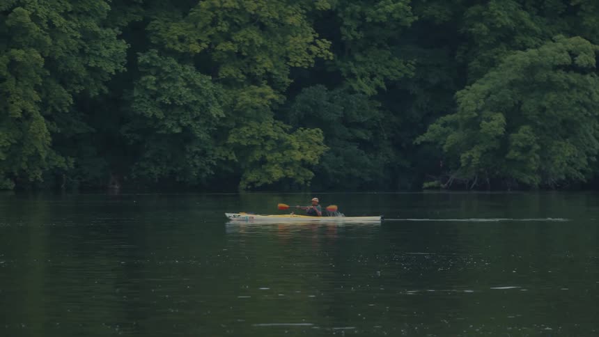 Person canoeing on a river with a forest in the background