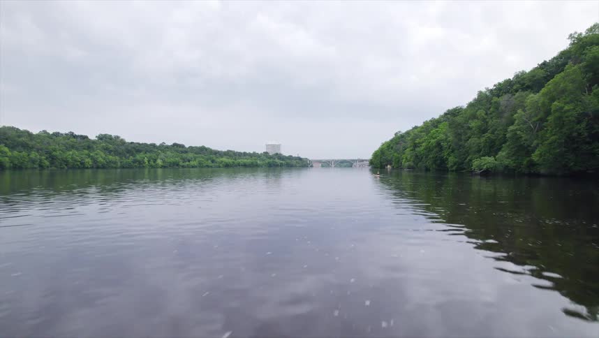 The kayaker glides through the still water the bridge a distant landmark against the backdrop of lush green trees