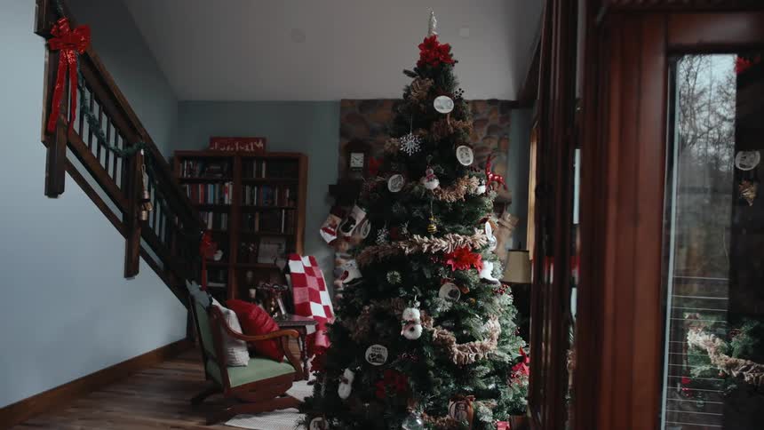 Living room in a house decorated with a christmas tree