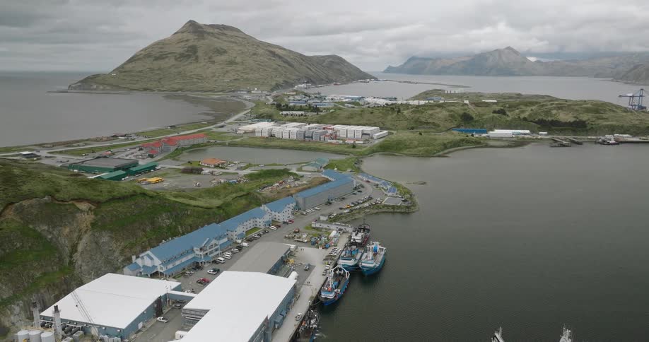 Aerial view of a small harbor surrounded by green hills and mountains in the background with moored boats and blueroofed buildings lining the shore