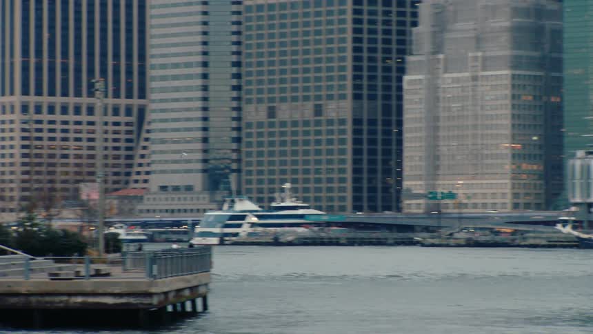 Bird flies over the water near a merry go round near downtown