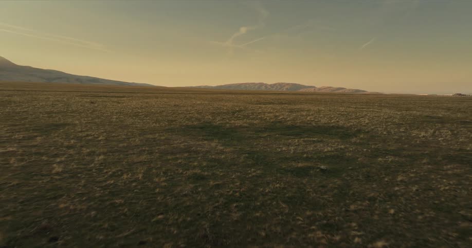 A vast arid plain stretches towards distant mountains under a muted sky