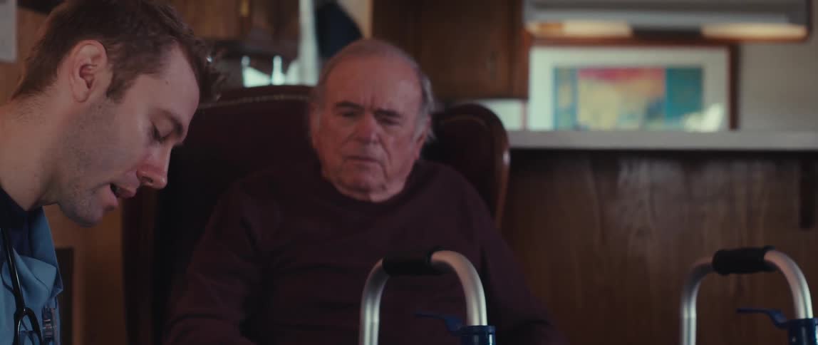 Nurse in a home visit with an elderly man sitting in an armchair