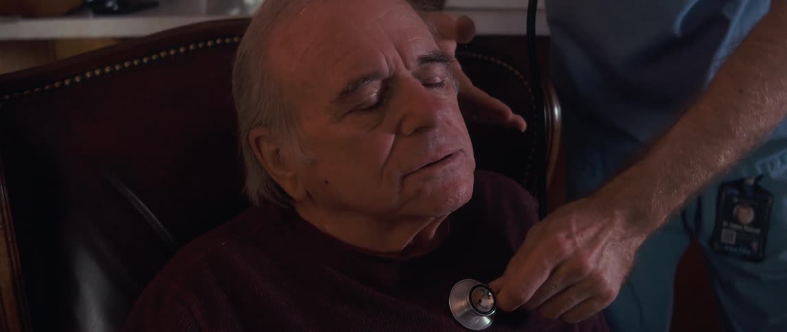 A male nurse cares for an elderly man in a cozy woodpaneled room at home