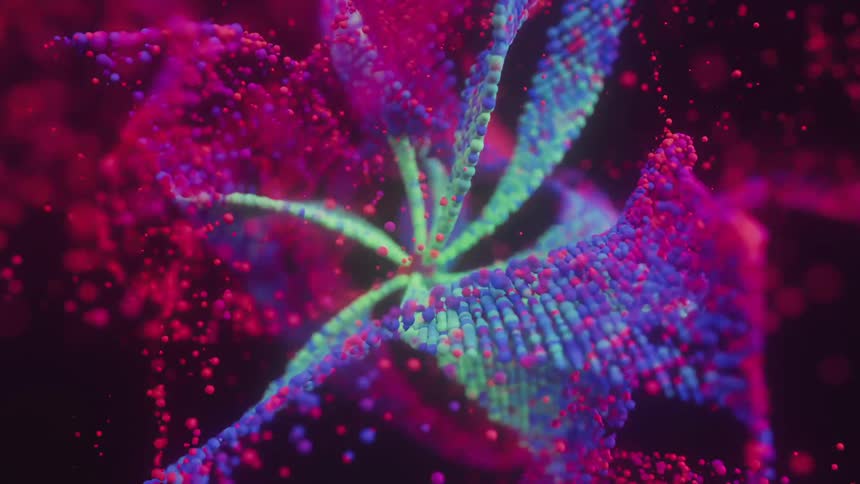 A dynamic abstract composition where a swirling mass of vibrant multicolored particles reminiscent of a nebula or a microscopic organism moves against a deep dark backdrop