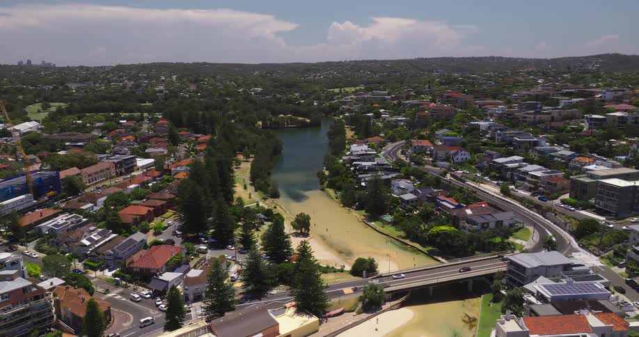 Aerial panorama of an urban city with a lake in the background