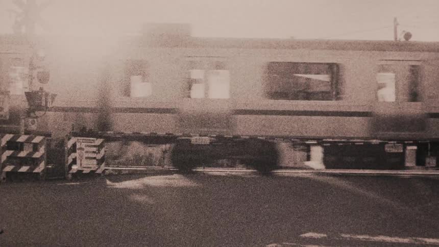 A train passes through a railroad crossing with its gates lowered as a cyclist navigates the scene nearby