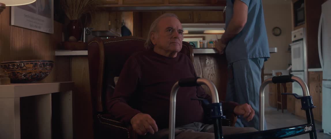 A male nurse in a blue shirt stands next to an elderly man sitting in a chair with a walker nearby in a cozy woodpaneled room