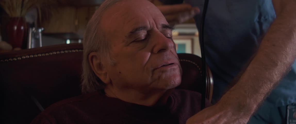 A male nurse cares for an elderly man in a cozy woodpaneled room at home
