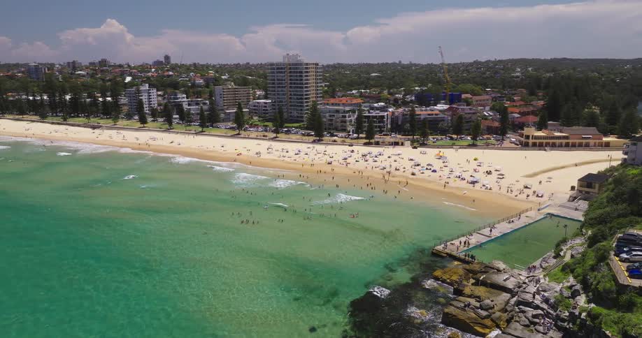 The beach is full of people on a sunny day