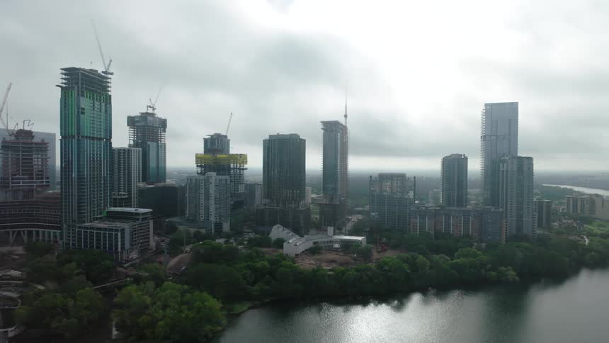 Aerial view of riverside skyscrapers