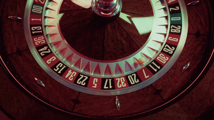 A roulette wheel spinning with the ball resting on the number 7