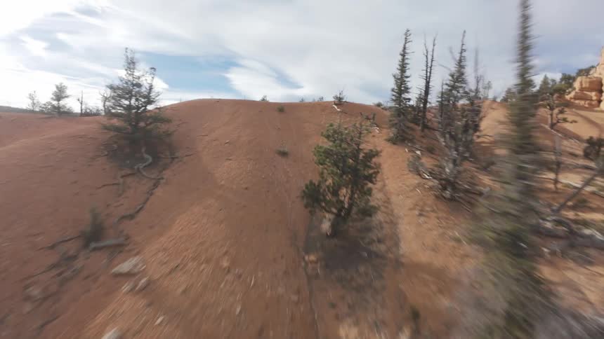 Trees dot the landscape of sand covered mountains