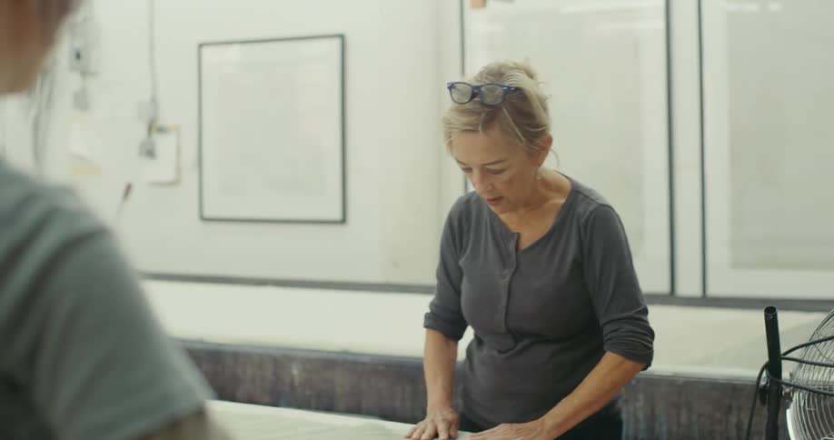 Two women standing in an indoor space working