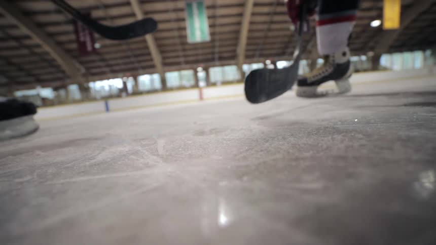 Two hockey players facing off as the puck drops