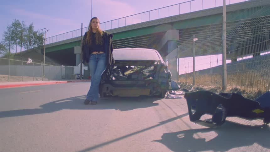 A woman leans against an old junk car near an overpass