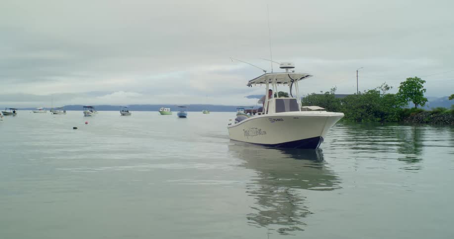 A white fishing boat moves slowly through calm waters surrounded by other boats and a distant cloudy shoreline