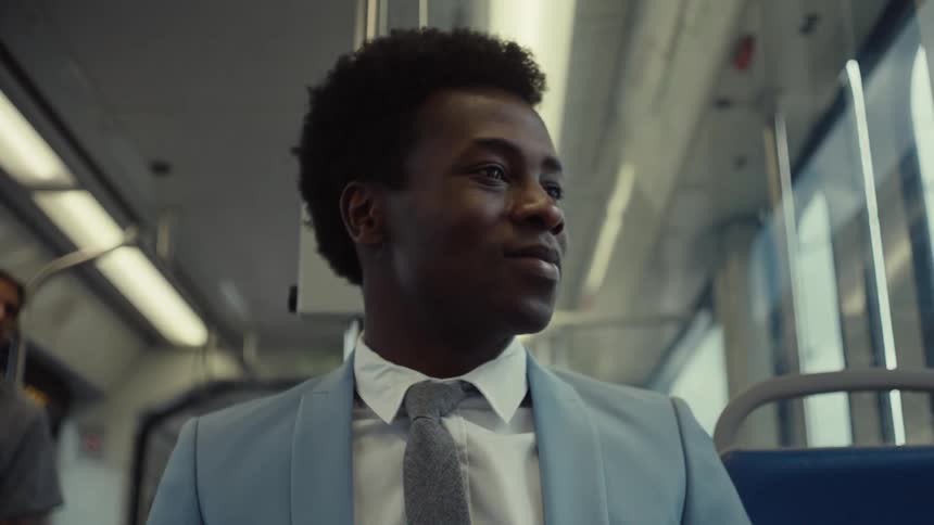 Pensively a man in a light blue suit looks out the train window and closes his laptop