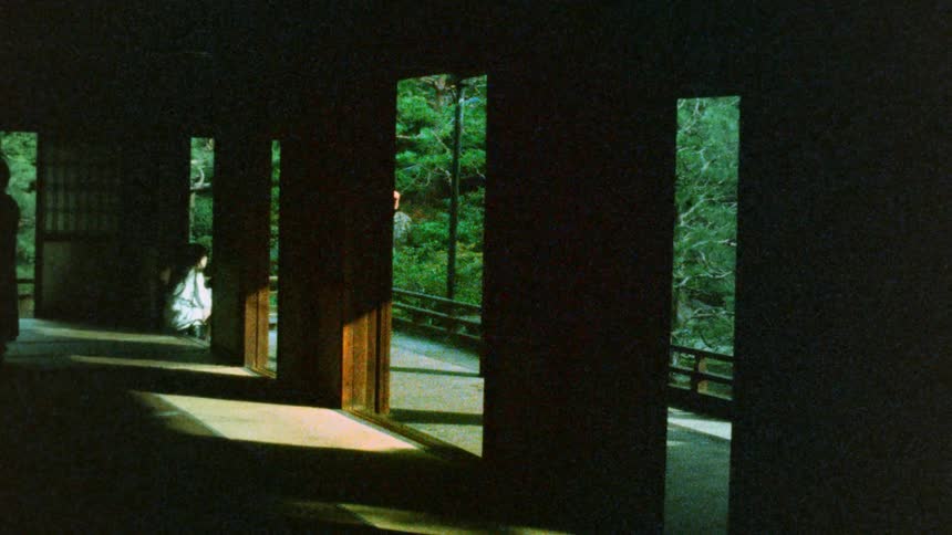 Sunlight streams through open doorways casting a warm glow on a woman sitting in a darkened corridor
