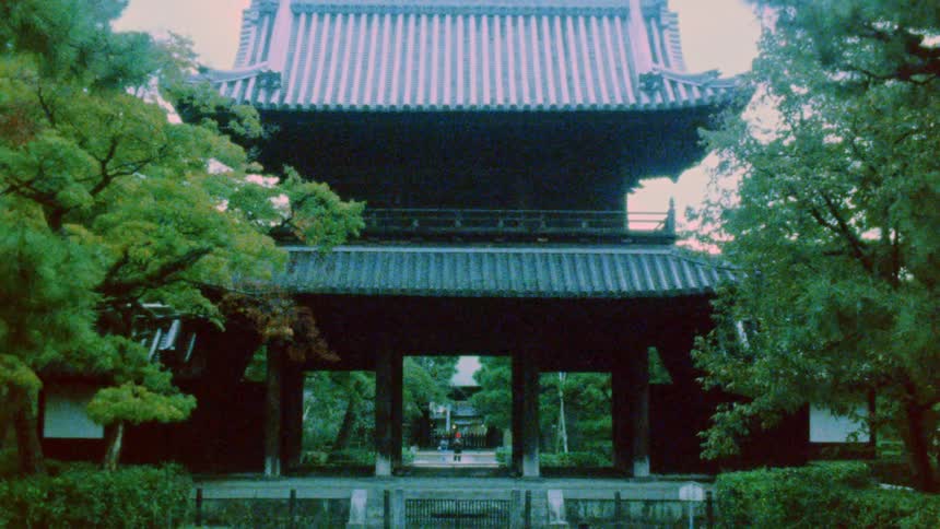 A traditional japanese temple gate surrounded by lush green trees with a pathway leading through the gate into the temple grounds