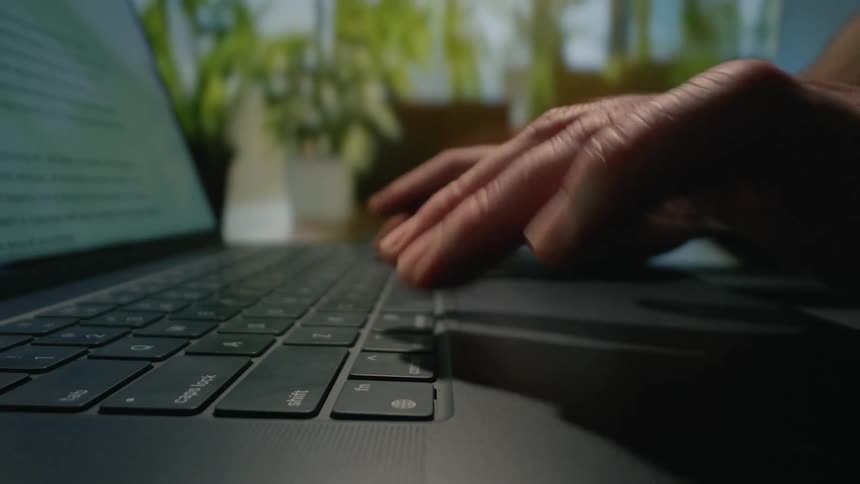 A man is typing on a laptop in a room full of plants