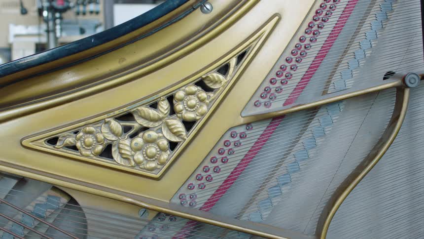 A closeup view of the interior of a grand piano highlighting the intricate floral design on the metal frame the tuning pins and the strings