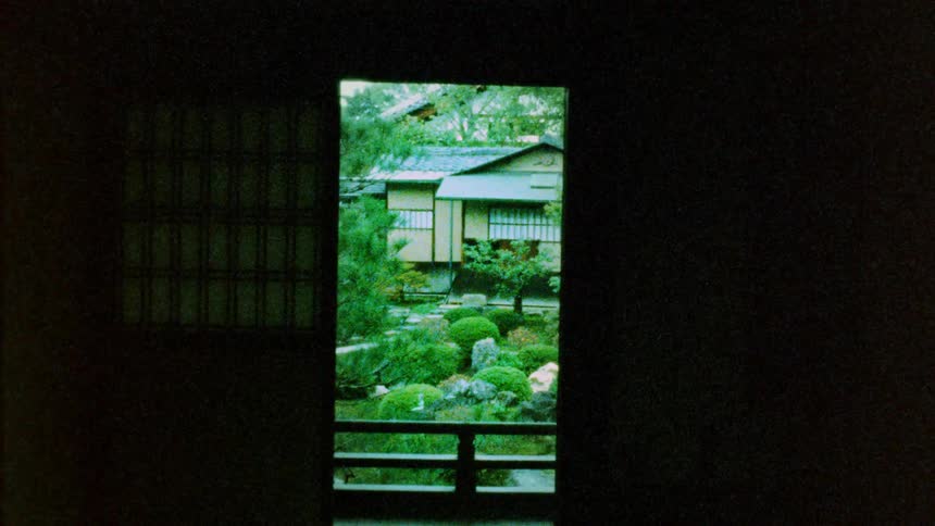 View of a japanese garden with shrubs and a traditional house in the background