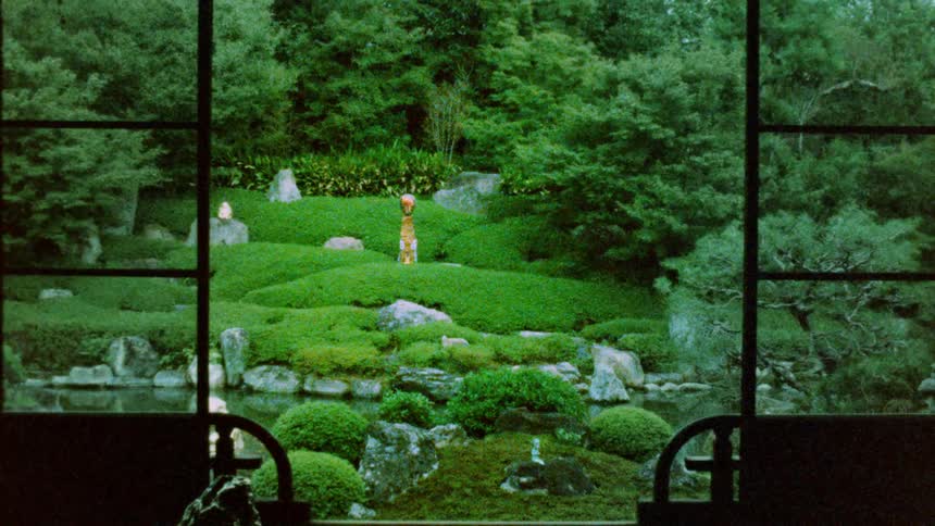 A serene japanese garden with meticulously trimmed bushes scattered rocks a small pond and a stone lantern in the center framed by lush green trees