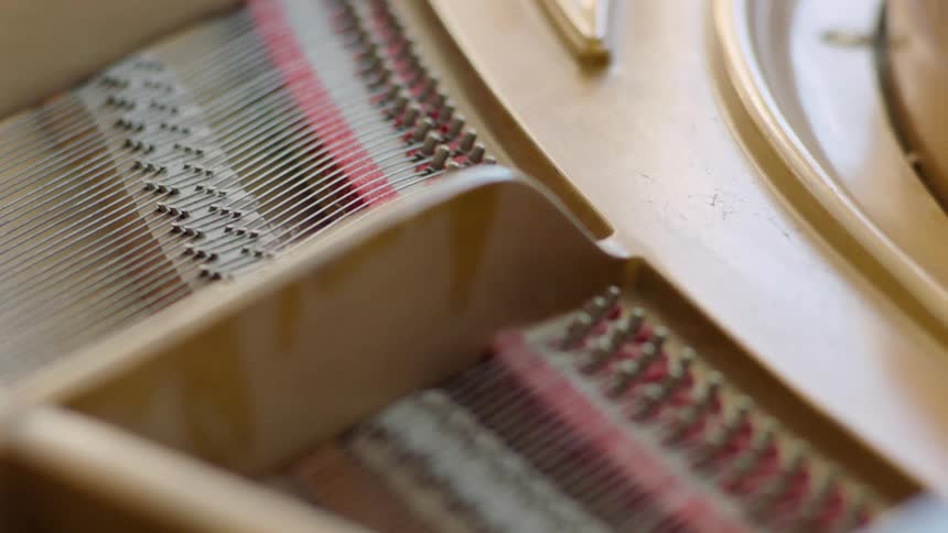 Closeup of the inside of a piano highlighting the metal strings and tuning pegs
