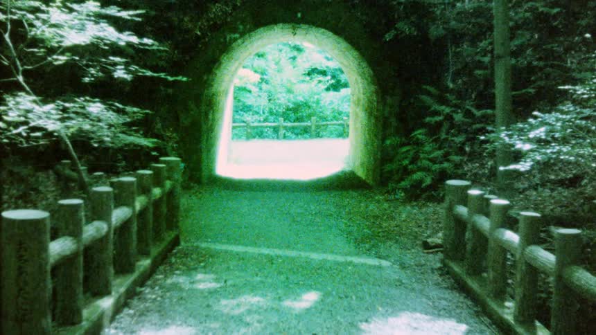 A path in a forest leads to a doorway lit up by the sun