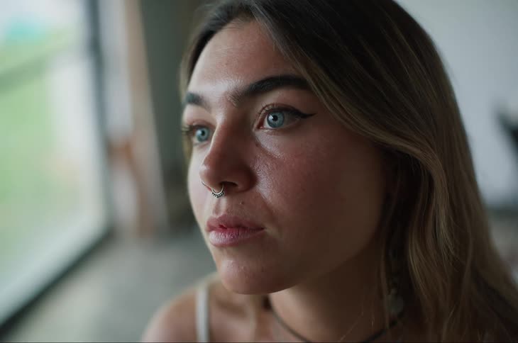 A woman moves her head around a little as she looks in the distance