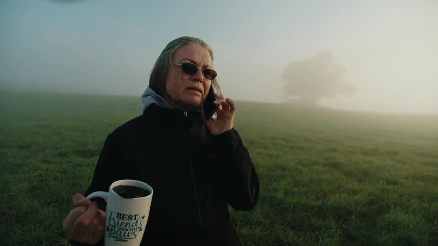 Woman holding a mug while talking on her cell phone in a foggy field