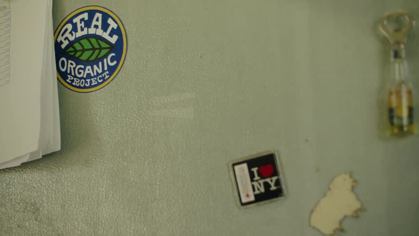Stickers and magnets are on the fridge