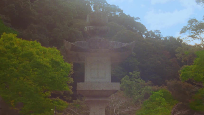 A weathered stone lantern stands tall amidst a lush forest