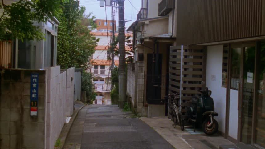 A narrow alleyway winds between residential buildings