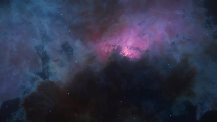 A nebula swirls with vibrant shades of pink and purple against a backdrop of deep space