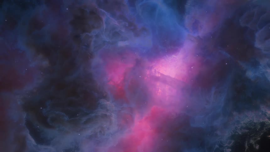 A nebula swirls with vibrant shades of pink and purple against a backdrop of deep space